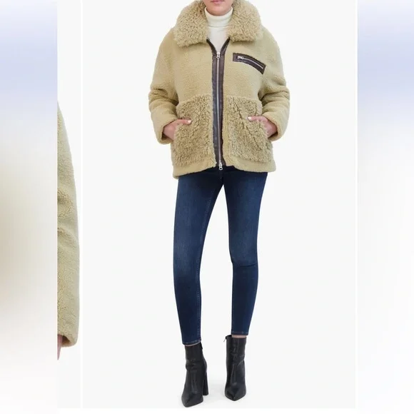 NWT HUDSON JEANS faux leather & faux shearling zip up jacket natural color small - Picture 5 of 6